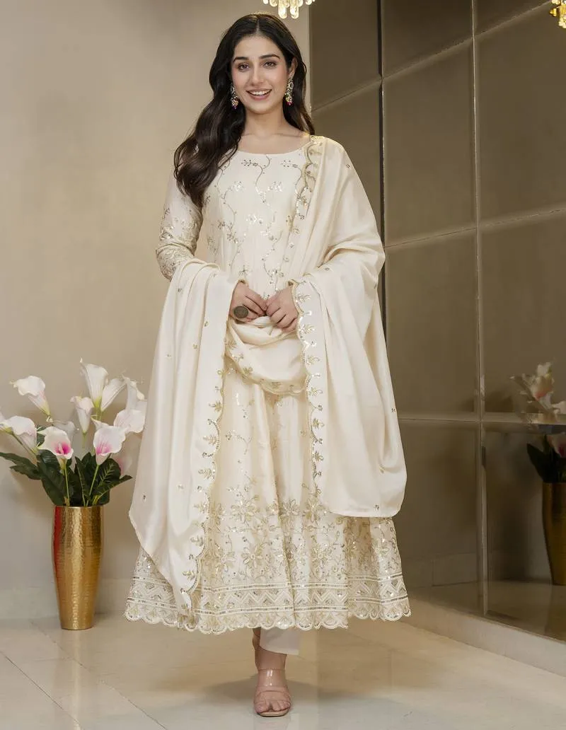 Cream Chinon Silk Party Weae Embroidery Suit Set Stitched